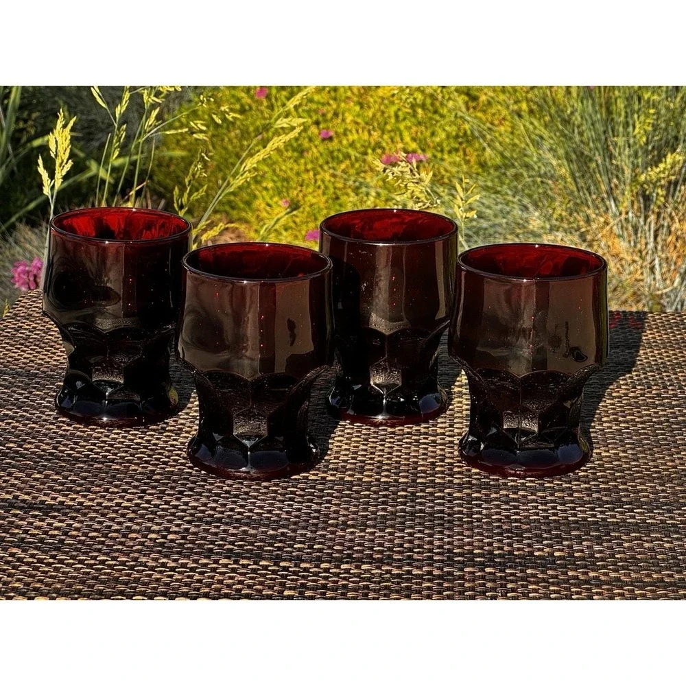 Set of 4 Vintage Anchor Hocking Ruby Red Georgian Honeycomb Tumblers NICE!!